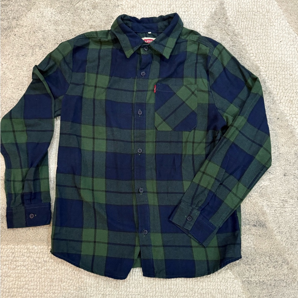 Levi’s Plaid Boys Long Sleeved Button Up Shirt 14/16‎ Shirt Blue And Green Plaid